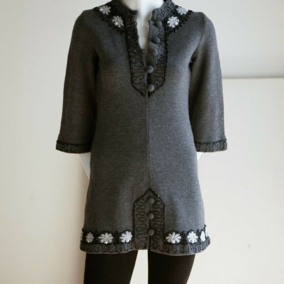 Vintage A line Wool Knit Beaded Floral Tunic  or Mini Dress XS/S - Picture 2 of 12